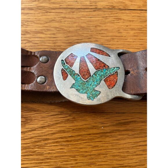 Vintage RJ Roberts Crush Coral Turquoise Pewter Belt Buckle Leather Hand Crafted - Picture 4 of 7